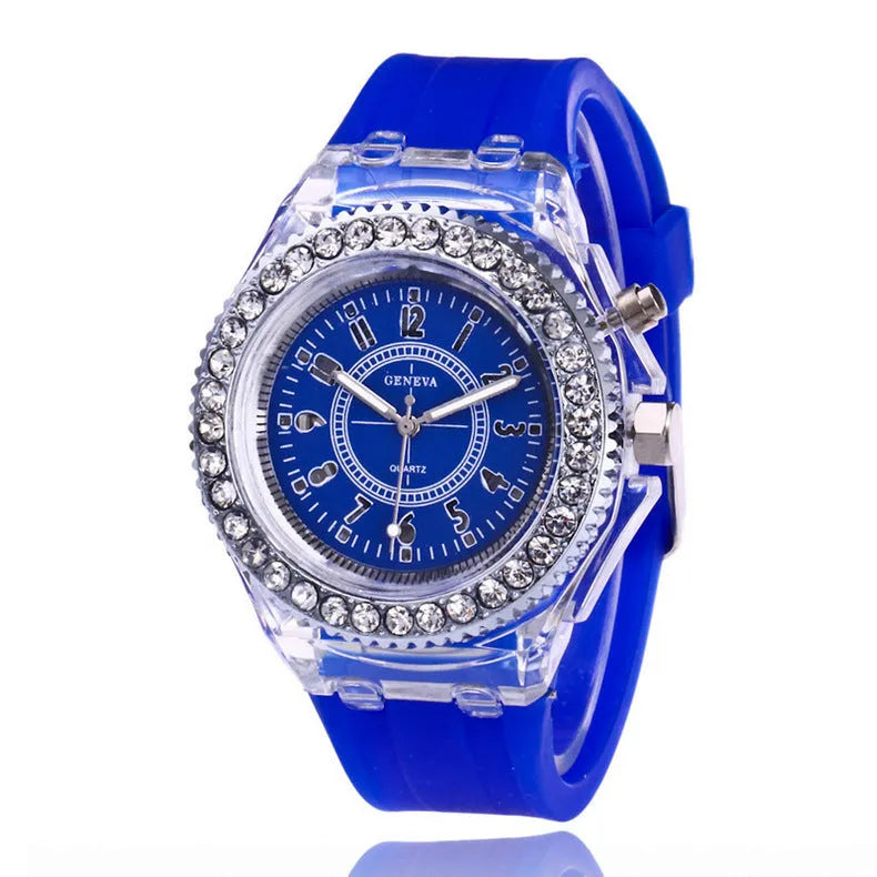 Women's LED luminous watch with round 43mm dial and coloured silicone strap