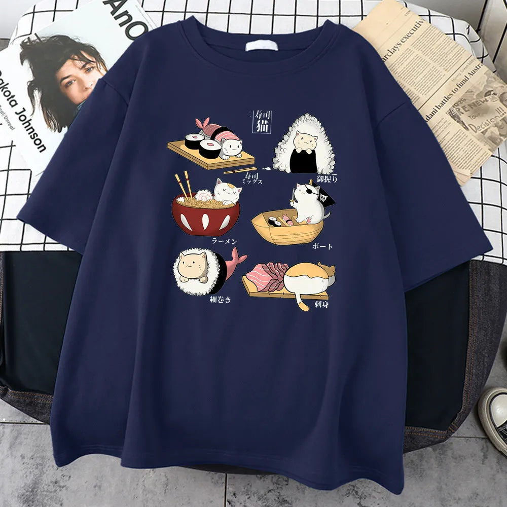 Men's black cotton t-shirt with sushi cartoon cat print design, short sleeves, loose fit