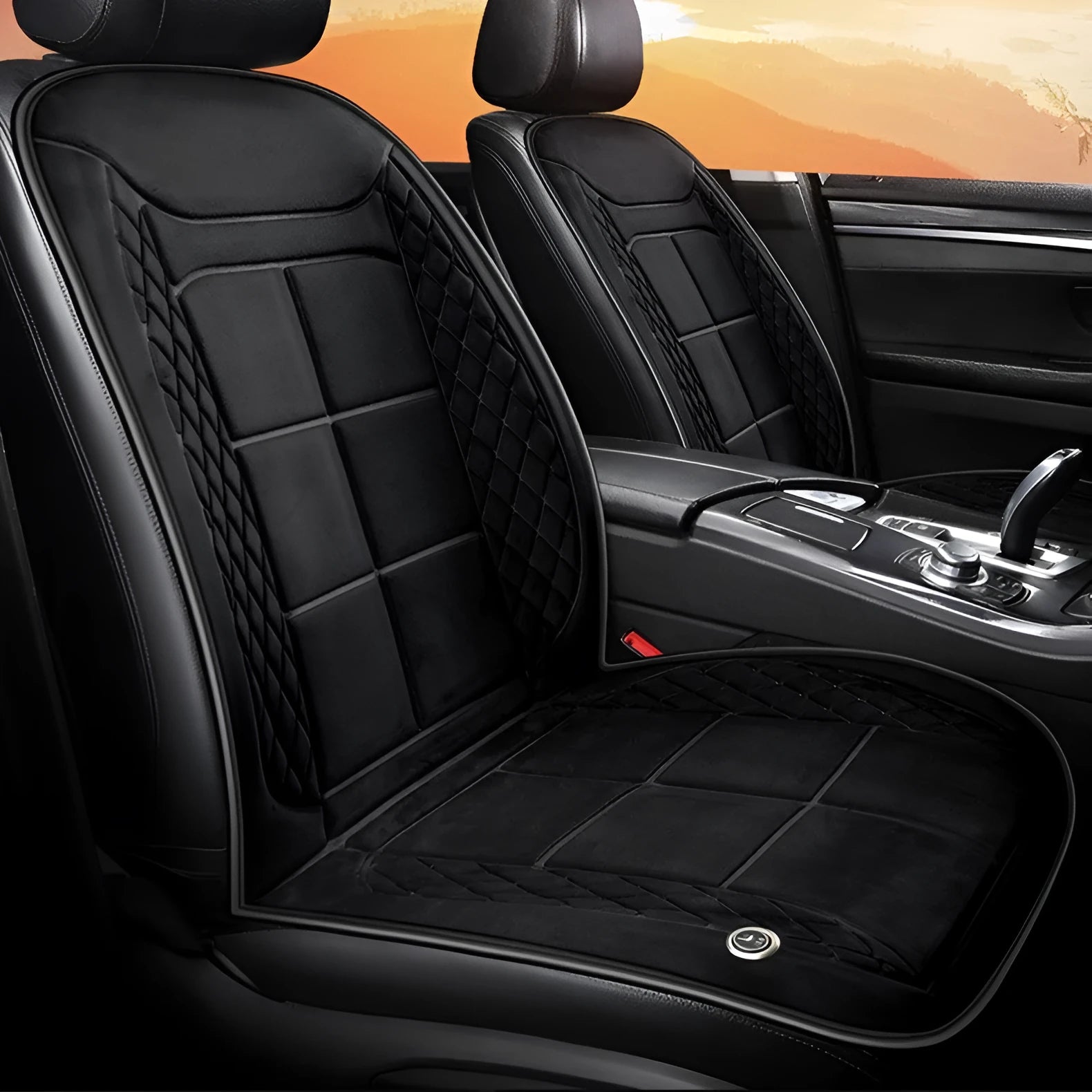 Car seat heating cushion with auto heating function in beige colour on car seat