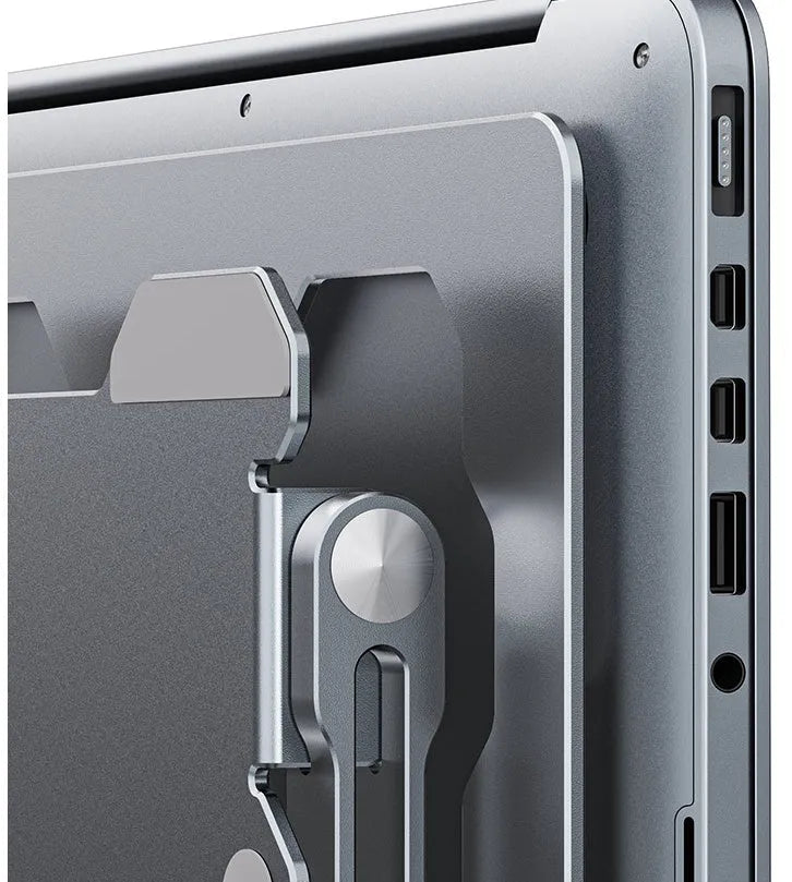 Adjustable aluminum laptop stand in grey colour showing folding design and hollow construction