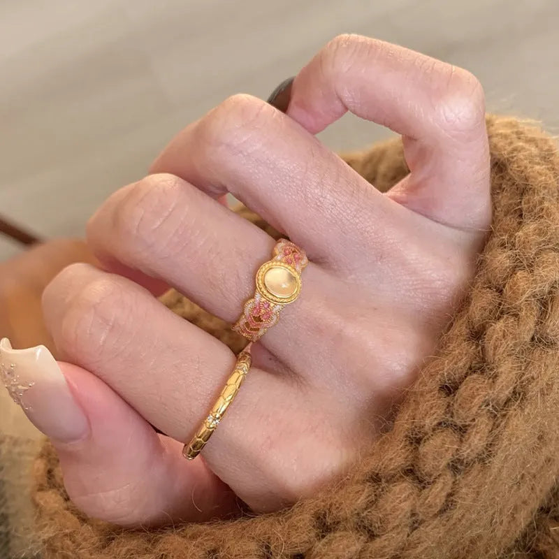 Pink crystal enamel geometric open ring with gold plating on copper base