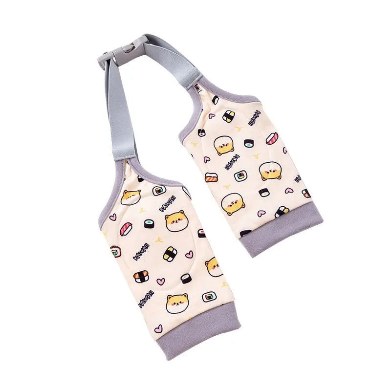 Blue dog knee protector pad with thick elbow padding and adjustable strap, shown with a matching scarf.