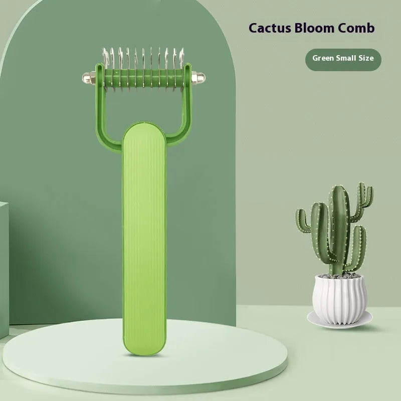Green and grey dog grooming comb with plastic handle and stainless steel teeth for unknotting