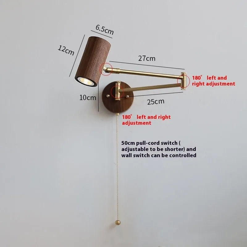 Retro wood and iron wall lamp with long adjustable arm and visible wall switch