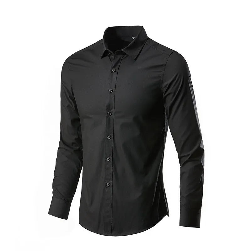 Men's loose fit long-sleeve linen shirt shown in multiple colours including black, white, and navy blue.
