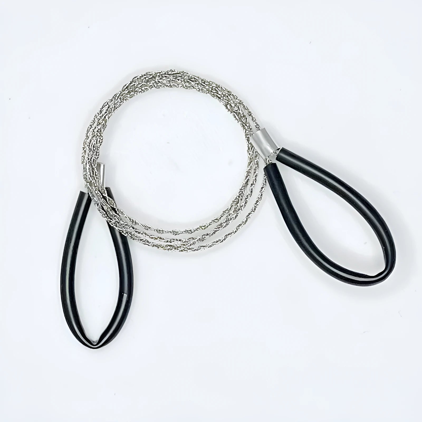 Black survival hand saw with stainless steel wire and plastic handles for outdoor emergency cutting