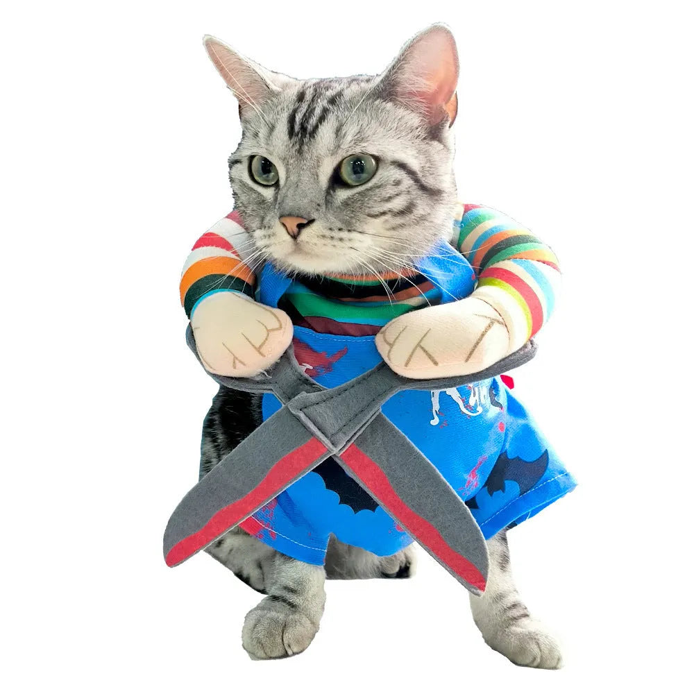 Pet Halloween costume scissor hand suit with adjustable straps on a cat, polyester, size S-XL