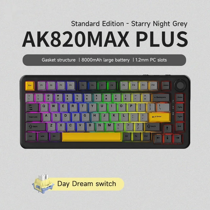 Black, grey and yellow mechanical keyboard with 75% compact layout and RGB backlighting