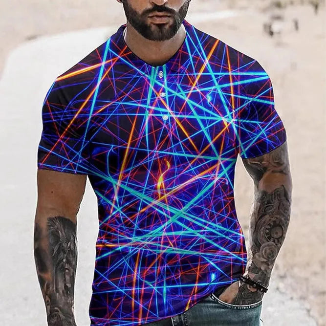 Men's light blue short sleeve sports t-shirt with a lapel and button front detail.