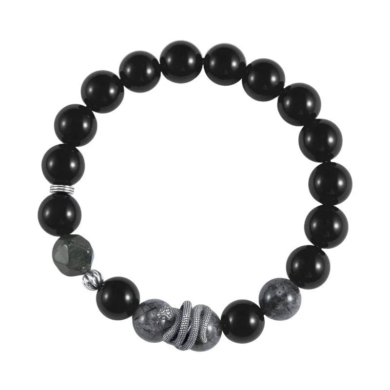 Men's retro 925 sterling silver bracelet with 10mm black obsidian snake crystal.