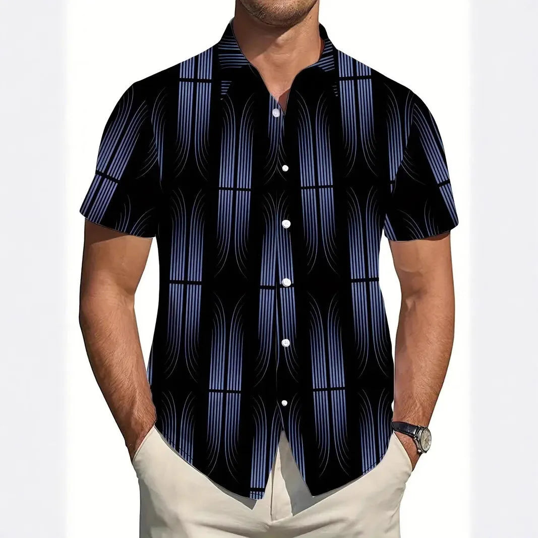 Men's slim fit geometric line print short sleeve shirt with a lapel collar.