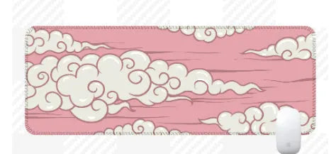 Large rectangular cloud pattern desk mat made of natural rubber on a wooden desk.