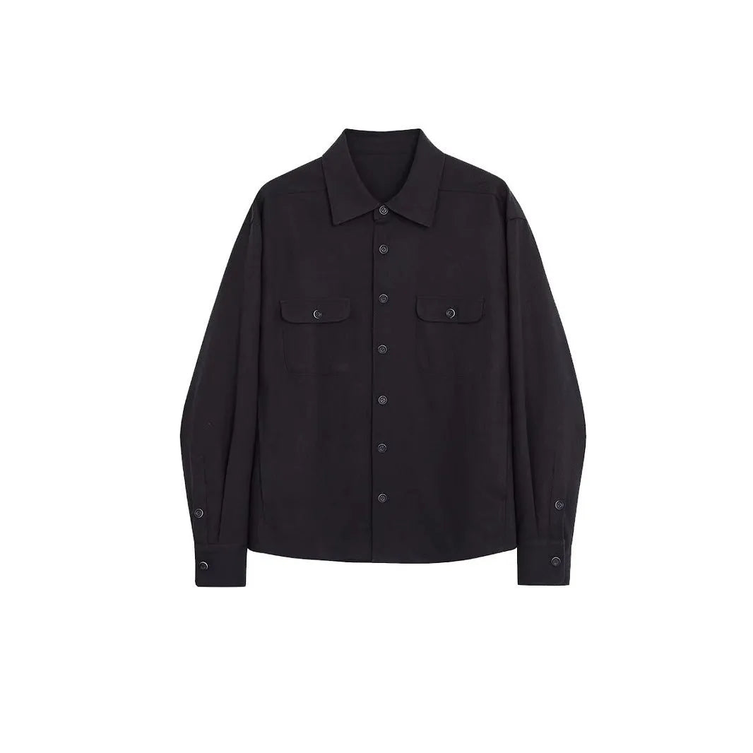 Men's light sand rice coloured cotton blend lapel shirt laid flat, showing long sleeves and simple collar design.