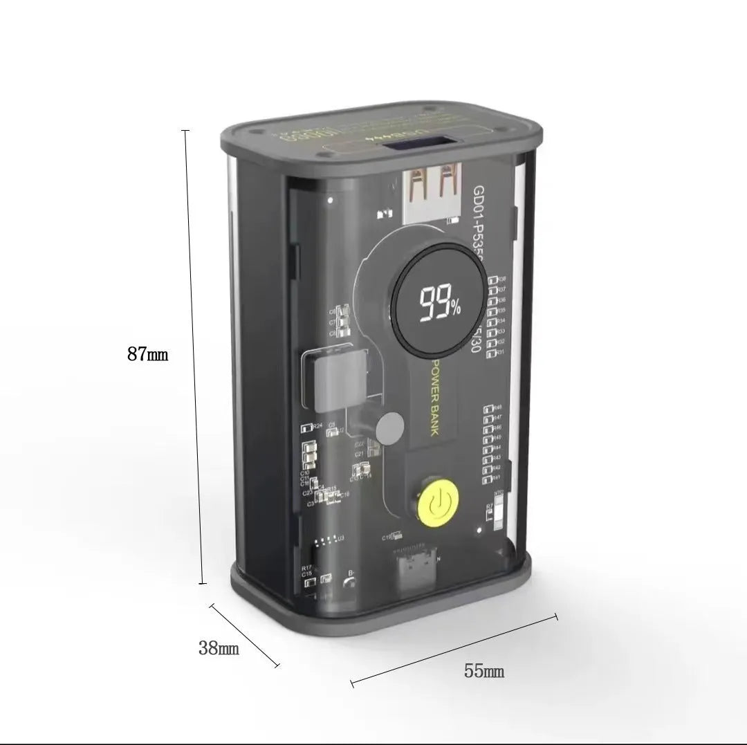 Transparent industrial power bank 10000mAh showing internal aluminium battery casing