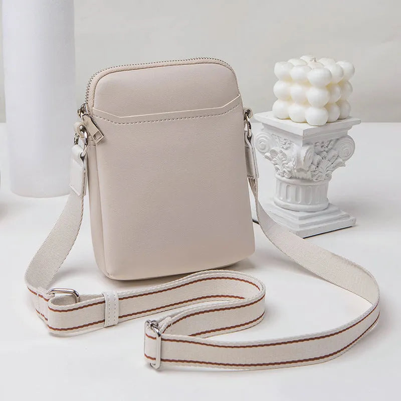Solid colour simple PU crossbody shoulder bag for mobile phones in black, beige, khaki, or green.