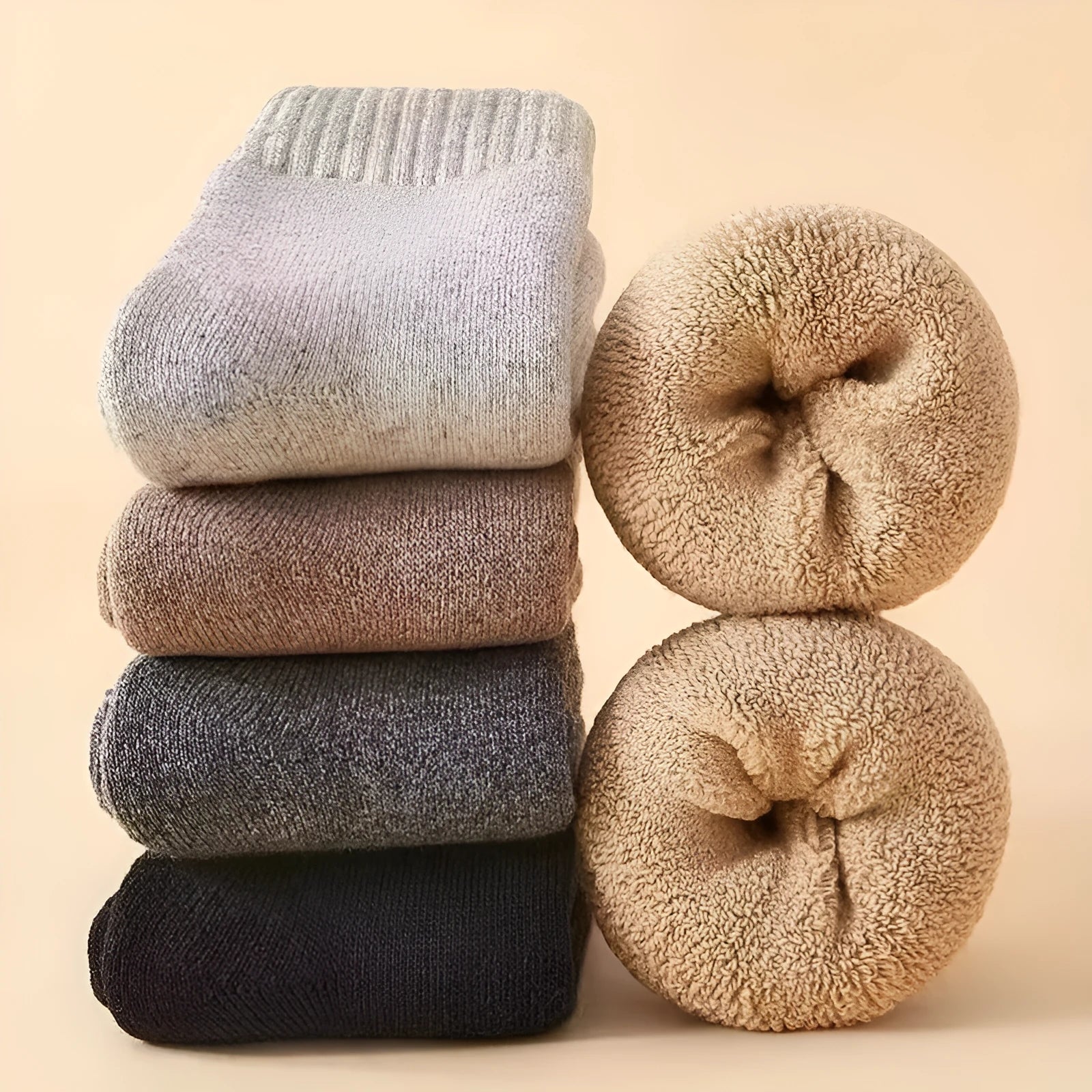 Thick merino wool winter socks in black, khaki, light grey and dark grey colours