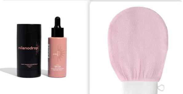 Self-tanning set showing 50ml tanning drops bottle and 75ml tanning glitter cream tube with black essence.