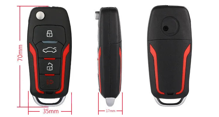 Red and frosted black car alarm system with remote controls showing 3000m range and 115dB siren specifications