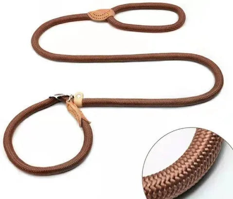 Brown nylon dog leash with metal P-chain section and rope handle measuring 2.1 metres