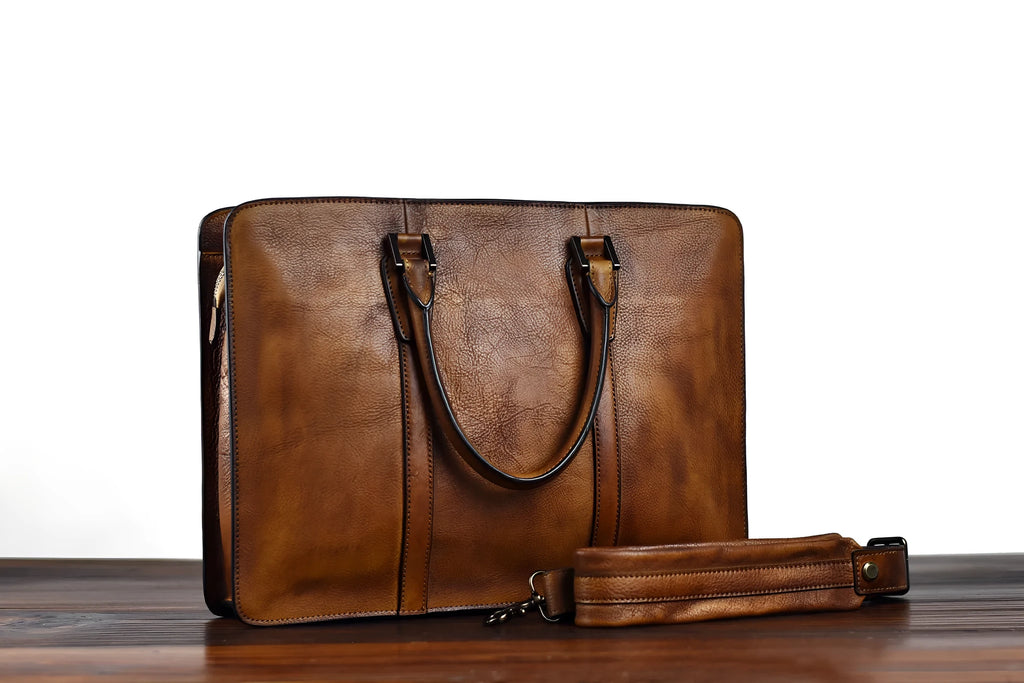 Men's brown leather business handbag with horizontal square design and zipper closure