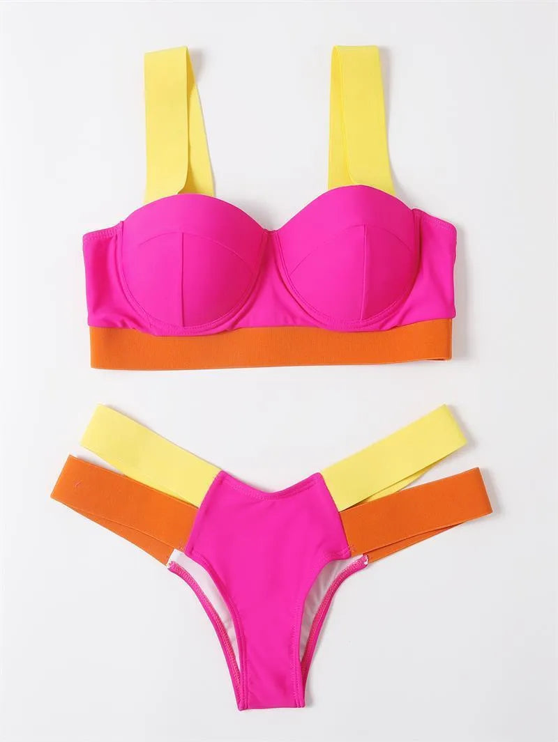 Women's contrast colour bikini with steel bracket push-up board in multiple colour options