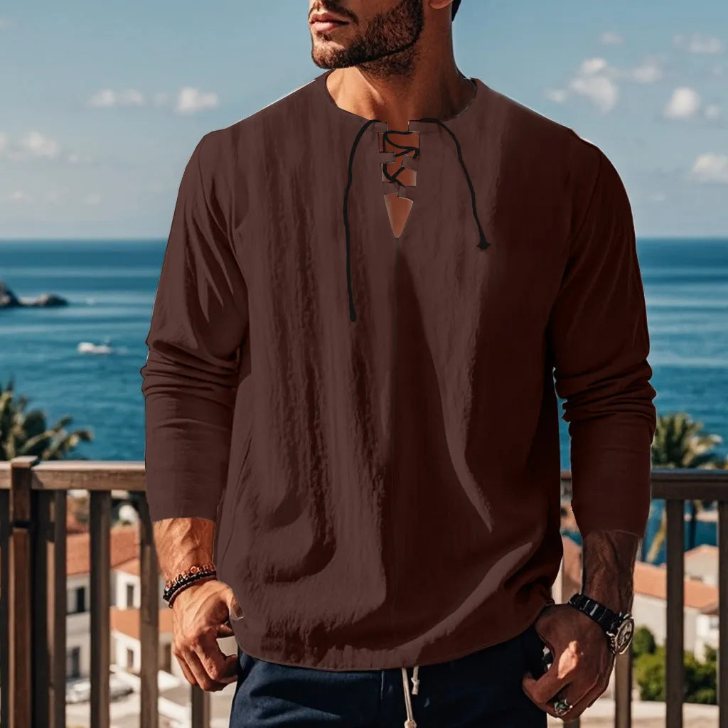 Solid colour cotton linen beach ruff shirt loose pullover style