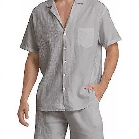 Men's flax linen short-sleeved top and matching shorts set in army green on a hanger.