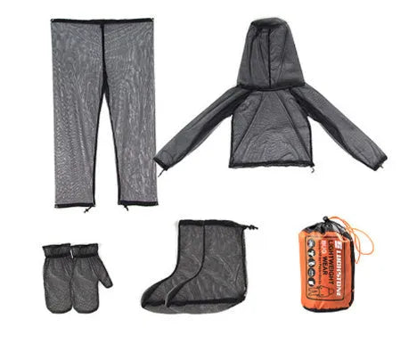 Adult wearing a full mesh anti-mosquito suit with hood, trousers, and booties for outdoor camping.