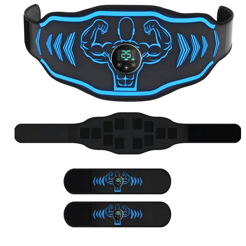 Blue and orange smart EMS massage belt set with rechargeable host and arm stickers