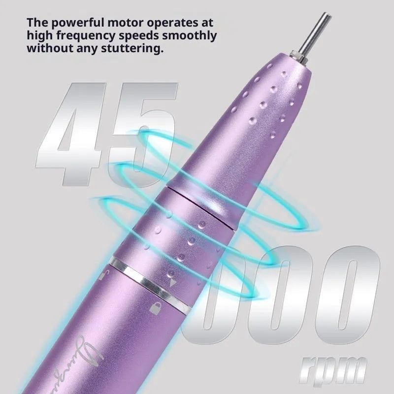 Rechargeable electric nail buffing machine with USB charging in dark gray and purple colours, standard and family versions