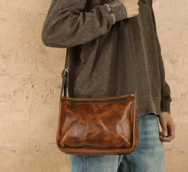 Men's brown genuine leather crossbody bag large capacity single shoulder commuting travel