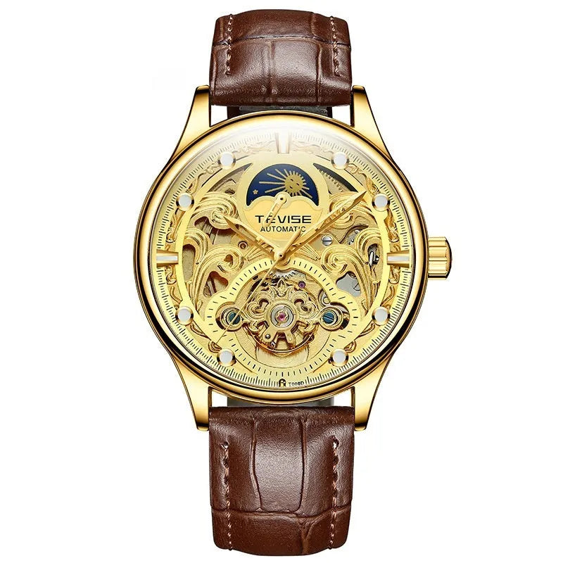 Men's automatic waterproof mechanical watch with leather strap in business style