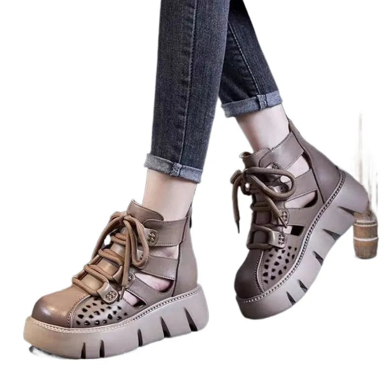 Women's black platform sandals with hollow hole design in soft cowhide leather with PU sole
