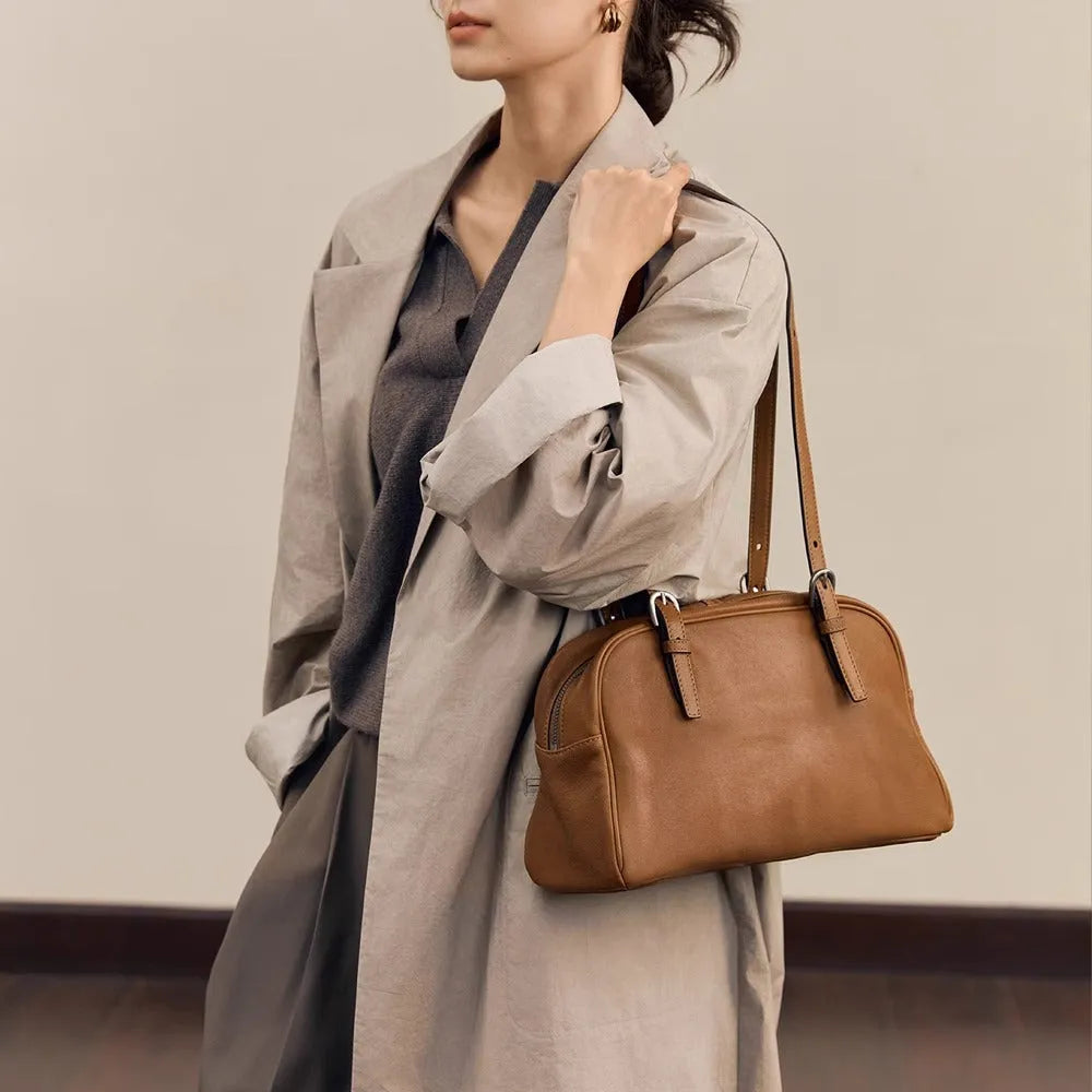 Women's genuine leather retro shoulder bag with horizontal square design in black, brown, or elephant grey colour options