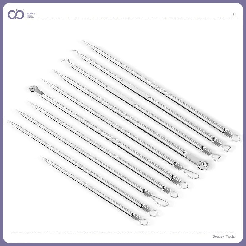 Set of four silver metal acne needles with pointed tips on a white background.