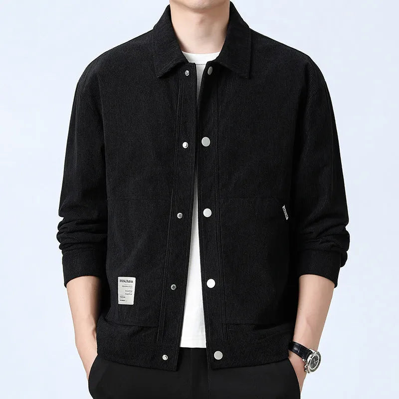 Slim fit men's corduroy jacket in solid colour with top stitching pockets, polyester blend fabric