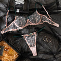 Women's transparent embroidered pink floral underwear suit with bra and panties in pink