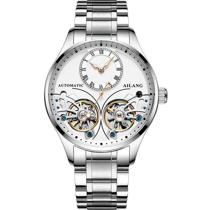 Men's automatic watch with tourbillon and moon phase complications in black steel case