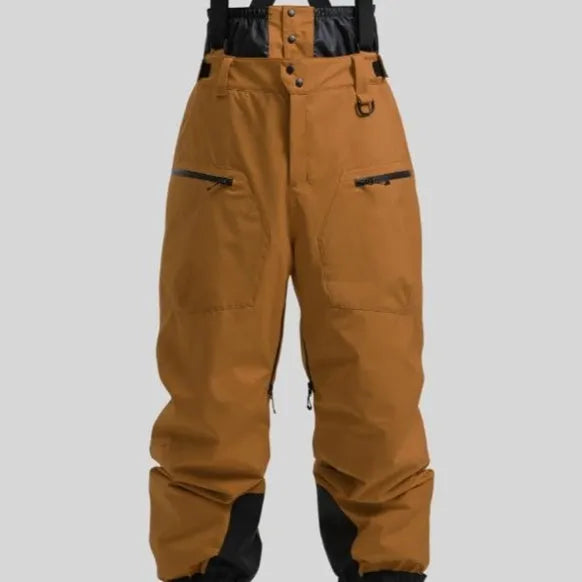 Men's black waterproof ski trousers with adjustable waist strap laid flat