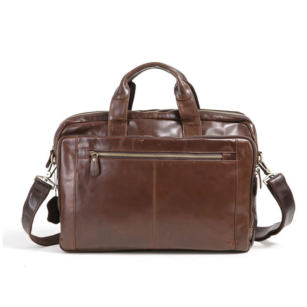 Brown 18-inch men's business briefcase made from first layer cowhide leather