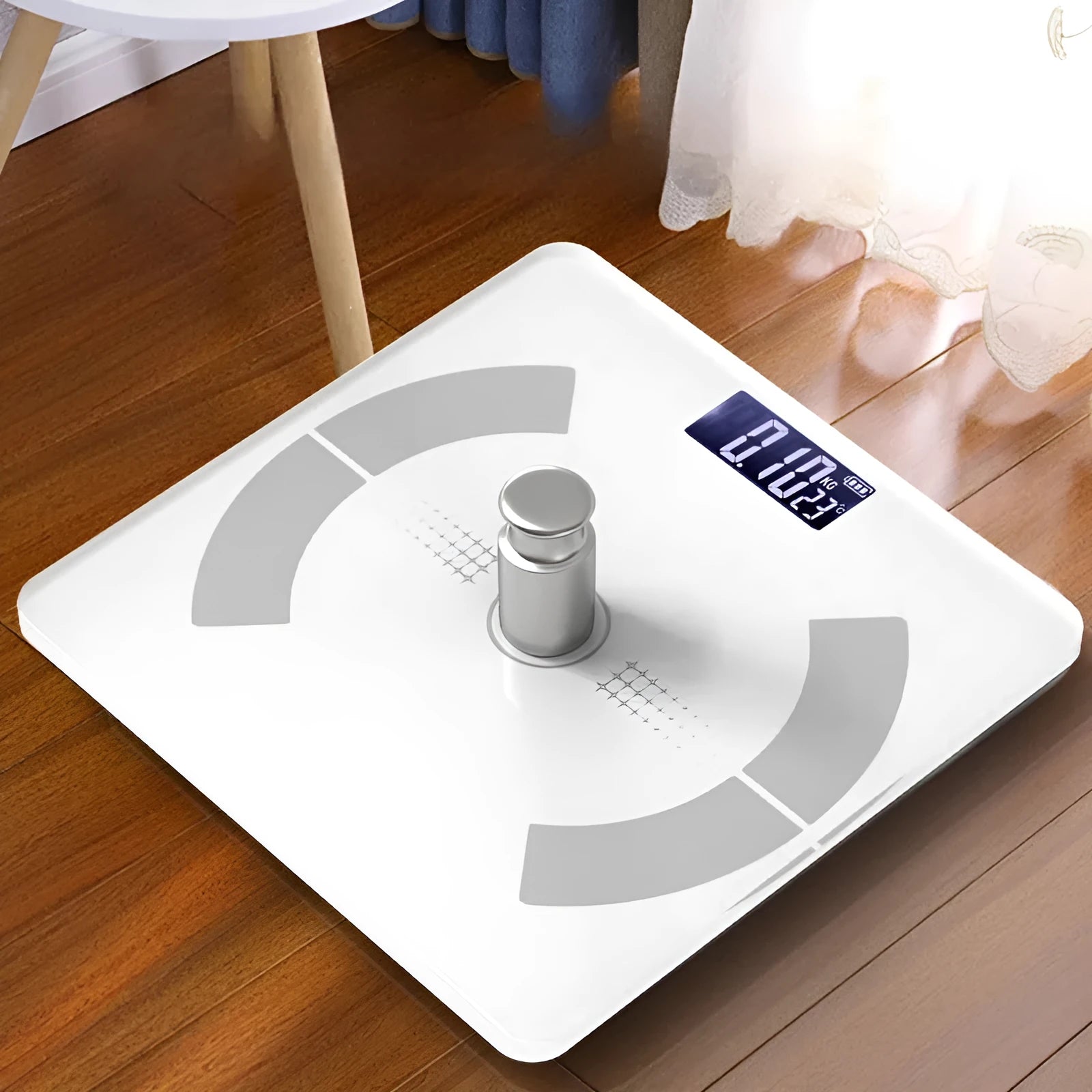 Smart Bluetooth body fat scale in white measuring weight, fat, calories and moisture