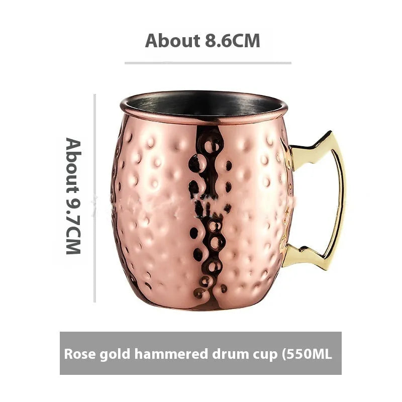 Stainless steel Moscow Mule cup with copper plating in a choice of colours and hammered or smooth finish.