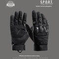 Men's black tactical full finger gloves with touch screen fingertips on a hand