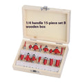 15-piece tungsten steel router bits set with 1/4 inch shank in red case for trimmer machines