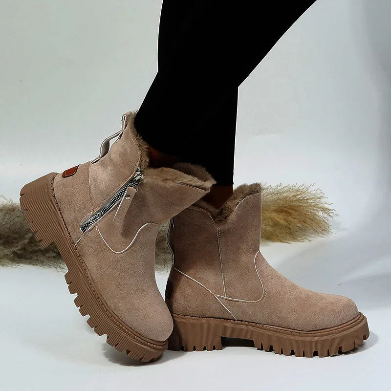 Black high-top women's snow boots with side zipper and faux fur cuff
