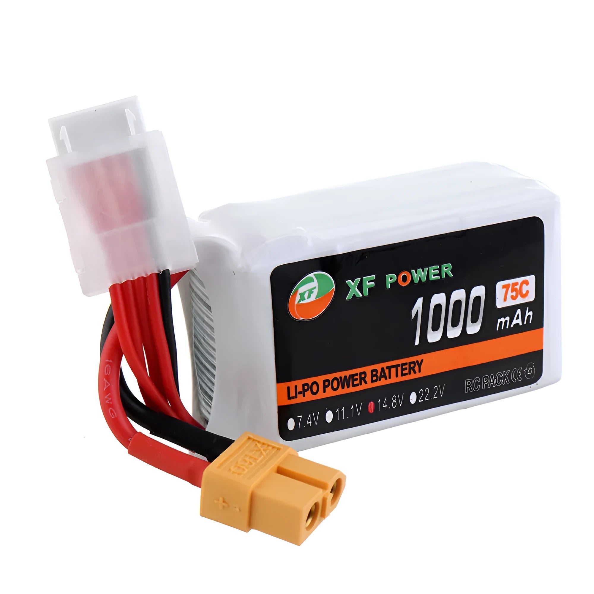 XF Power black 14.8V 1000mAh 75C graphene drone LiPo battery with red XT60 plug.
