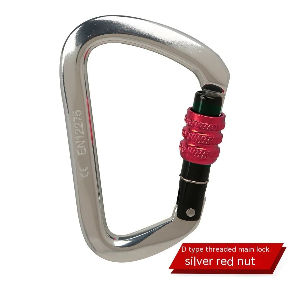 D-shaped climbing carabiner main lock shown in red, with choice of automatic or threaded gate closure.