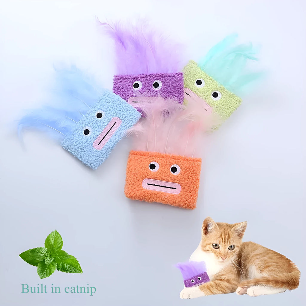 Plush cat toy shaped like a large head with a funny big mouth, in purple colour.