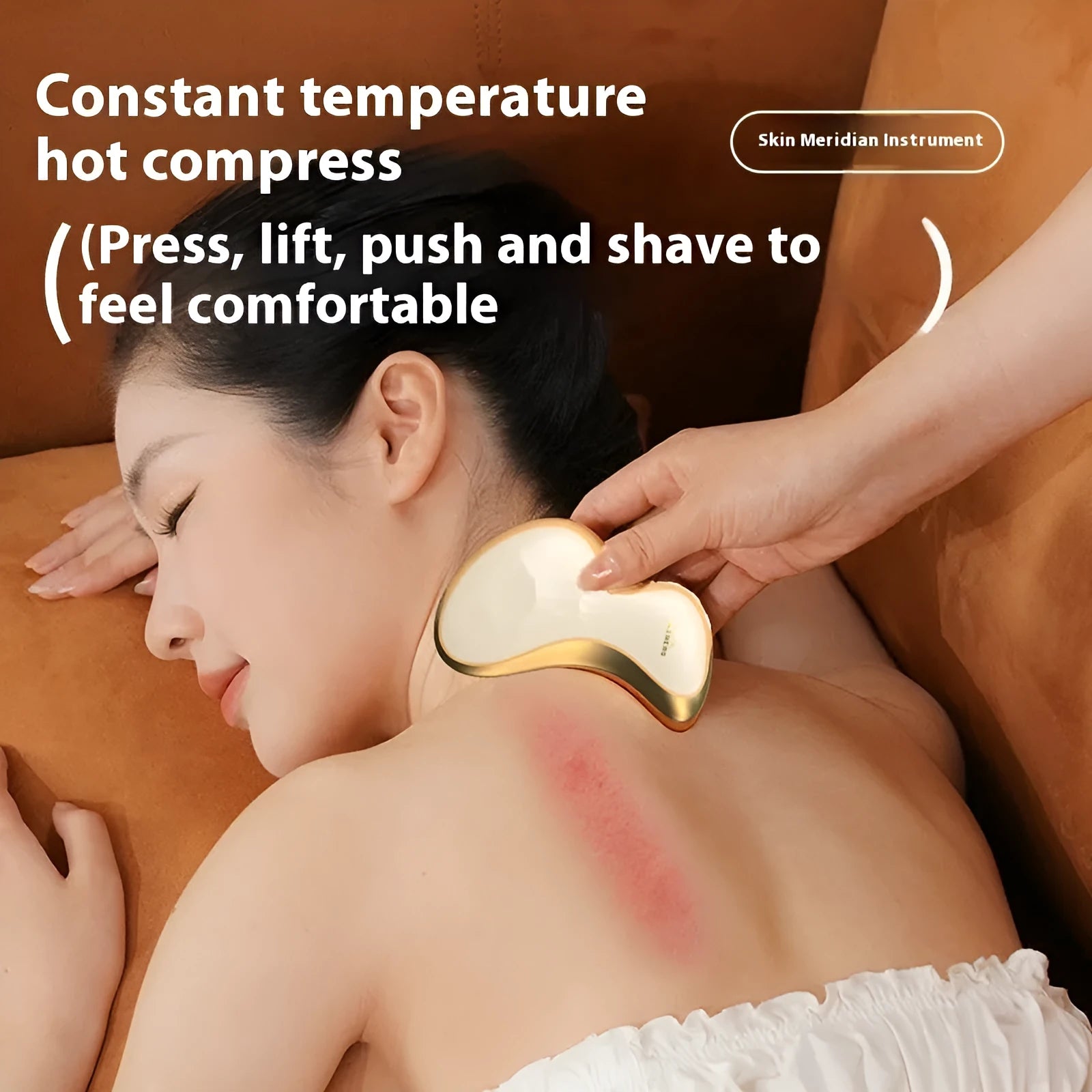 USB rechargeable electric scraping plate with heat and vibration massage functions in golden yellow finish