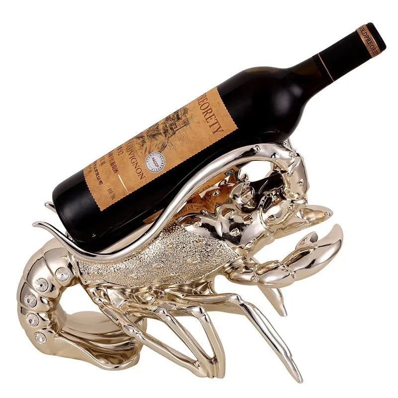 Lobster-shaped wine rack ornament in rose gold or silver metallic finish